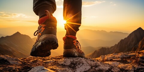 Close-up hiker feet is start moving towards a breathtaking mountain vista bathed in orange sunlight