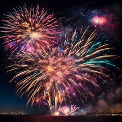 Obraz premium Fireworks Background Colorful Firework Wallpaper Fireworks Illustration Glowing Colorful Fireworks On Dark Sky AI Generative