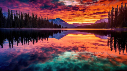 colorfull reflection photography, breathtaking nature scenery with bold colors and symmetry