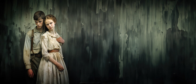 young couple, siblings around 1850, 1900 century. Old clothes against a neutral background with space for text, copy space, color wet plate style, generative ai