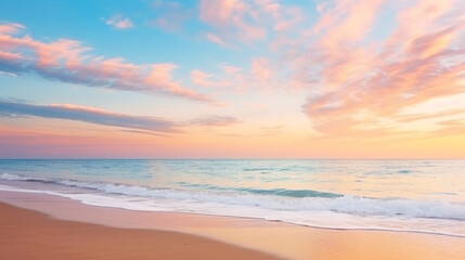 Fototapeta na wymiar A stunning view of a vibrant cloudscape above a tropical sea and sandy beach.