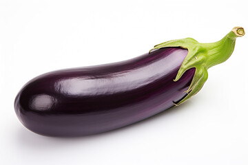 Fresh eggplant with a glossy purple skin and green cap, isolated on a white background	
