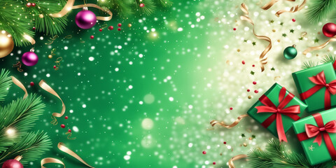 green holiday background with gift boxes, fir branches, ribbons, decorations, glitter, confetti, bokeh, light. Christmas card. Vector Illustration, realistic 4k vector resolution Generative AI