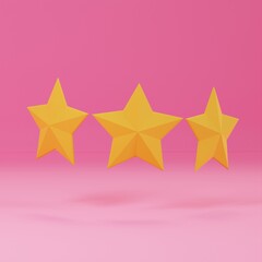 3D three yellow star icon on isolated pink background. 3d render illustration graphic element.