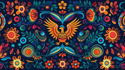 Fototapeta premium Seamless pattern with birds and flowers in ethnic style. Vector illustration.