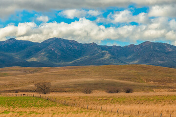 Fototapeta premium Road trippin through the dry countryside under a blue sky with clouds