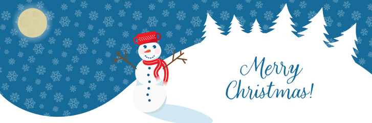 Merry Christmas design with snowman, snowflake, landscape, trees, moon illustration. Winter holidays concept card design to use for merry christmas cards, winter advertising, holiday greetings.