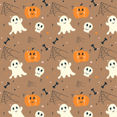Halloween vector pattern. Halloween seamless design with ghost, skull, pumpkin, bone, crosses, cobweb on coffee background