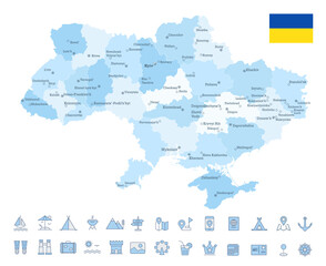 Ukraine Map and Travel Flat Icons with Spotted Soft Blue Colors - 659686061