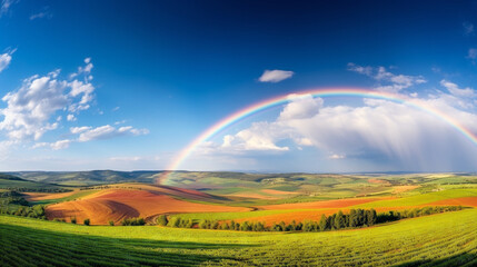 A stunning view of a colorful rainbow arching over a picturesque springfield landscape.