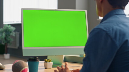 Freelancer video chatting mockup monitor workplace. Businessman chromakey device