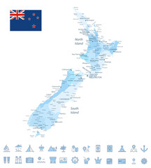 New Zealand Map and Travel Flat Icons with Spotted Soft Blue Colors