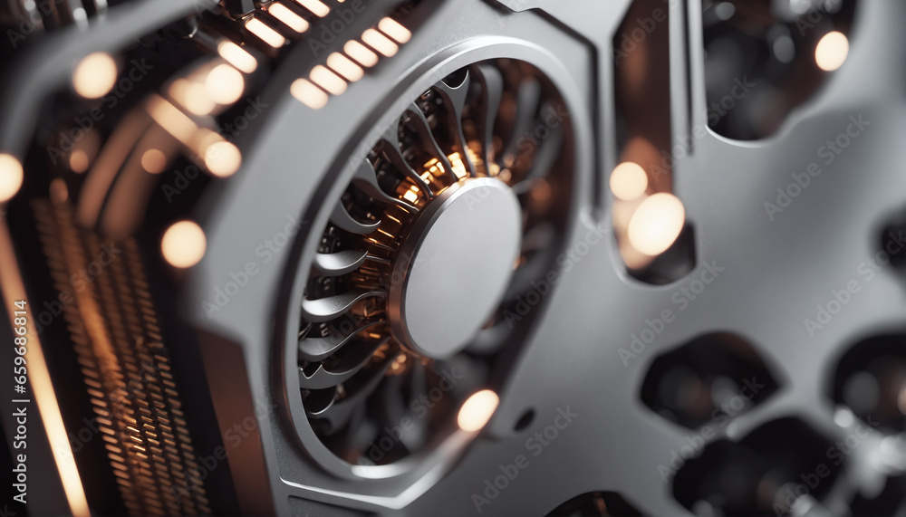 Poster macro shot of a gpu fan with shallow depth of field, highlighting silver metallic material and ai en