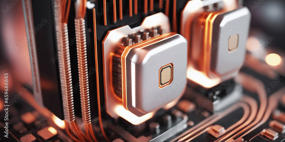 Poster tech-themed 3d render with computer components, depth of field, and bokeh. perfect for visualizing i