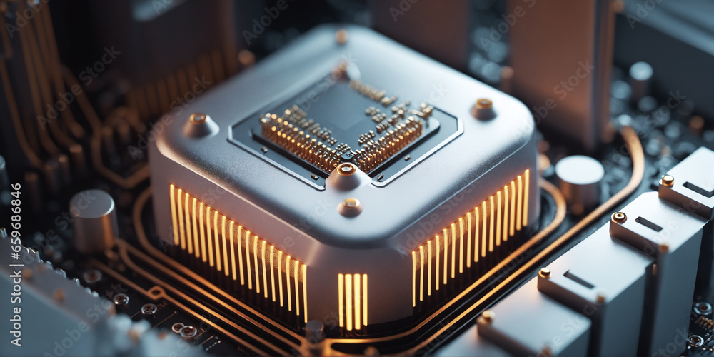 Poster futuristic high-tech hardware, showcasing the microchip of the future with a parallel processor. ide