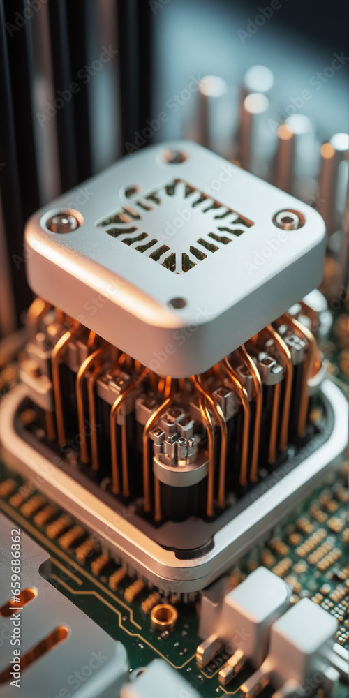 Poster abstract tech background illustrating quantum computing and processor unit (qpu). quantum processors