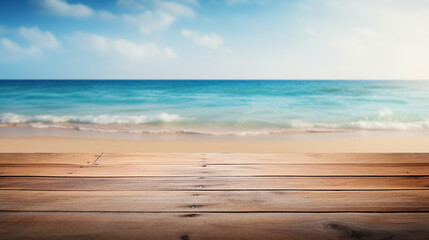 Naklejka premium Product background for montage, empty wooden surface with blurred sea beach on the background