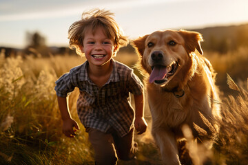 A jubilant little boy racing through a sun-kissed meadow with his loyal Golden Retriever