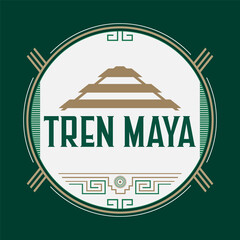 Tren Maya, Mayan Train spanish text, sign tourism station design, Mayan pyramid