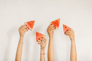 Four hand hold watermelon pieces on a white background 