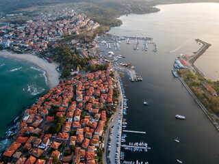 Aerial sunset view of old town of Sozopol, Bulgaria