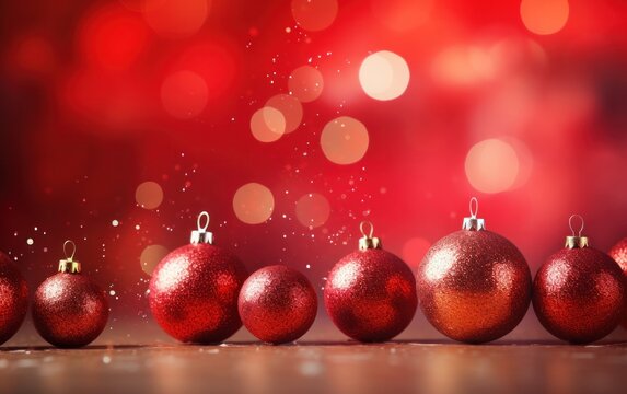 Red Christmas blurred background with red balls. Simple holiday Marry Christmas background