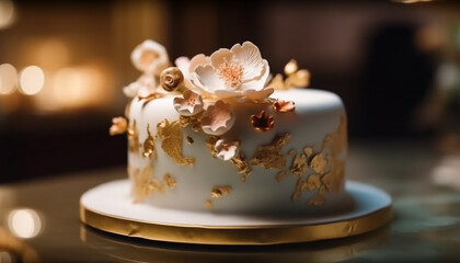 Indulgent chocolate wedding cake with fresh fruit and ornate decoration generated by AI