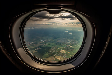 A view from the window of an airplane. Flying over the ground, view over an abyss, flying . Beautiful scenic view of sunset through aircraft window. Image save-path for window airplane.
