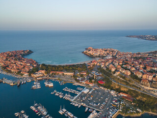 Fototapeta premium Aerial sunset view of old town of Sozopol, Bulgaria