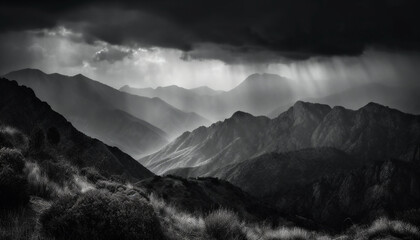 Majestic mountain range, tranquil meadow, dramatic sky, beauty in nature generated by AI