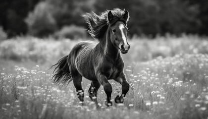 Thoroughbred horse running free in summer meadow generated by AI