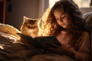 A teenager reading a book with her curious Ragdoll cat in her bedroom - obrazy, fototapety, plakaty