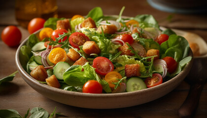 Fresh gourmet salad with organic vegetables, mozzarella, and cherry tomatoes generated by AI