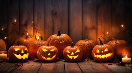 Spooky Halloween Pumpkins. Holiday Halloween concept with wooden background. Jack-o'-lantern symbol
