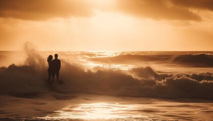 Silhouette of two men surfing at dusk on beautiful coastline generated by AI