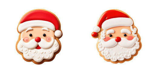 Series of Endearing Santa Face Cookies for the Christmas Holiday, Sugar Cookie Presenting Santa Claus with Hat on transparent background, png - Generative AI
