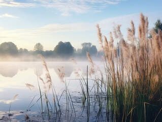 A tranquil view of a stunning nature scene with river reeds and a mysterious fog.