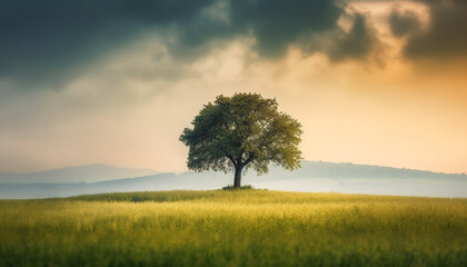 Tranquil sunset over rural meadow, tree silhouettes against yellow sky generated by AI