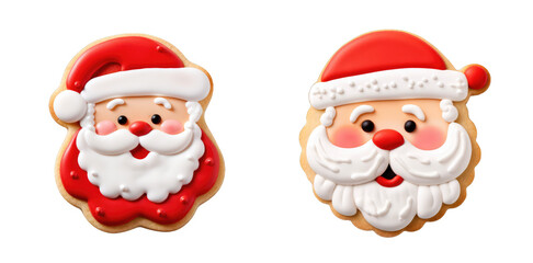 Pack of Cute Santa Face Cookies for the Christmas Season, Sugar Cookie Designed as Santa Claus with Hat on transparent background, png - Generative AI
