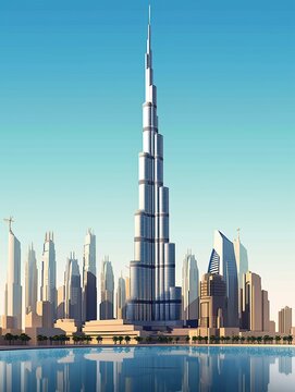 Burj Khalifa its height skyscraper illustration , Burj khalifa 3D illustration, Generative Ai 