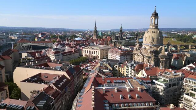 Fantastic aerial top view flight drone. Dresden church neumarkt Germany summer