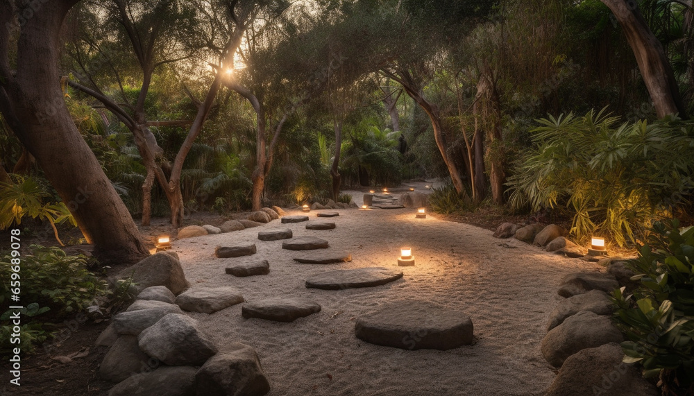 Poster tranquil scene illuminated by flame and lantern generated by ai