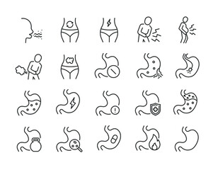 Flatulence, stomach, ache, gastroenteritis line icons. Editable stroke. For website marketing design, logo, app, template, ui, etc. Vector illustration.