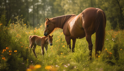 Fototapeta premium Mare and foal grazing in tranquil meadow generated by AI