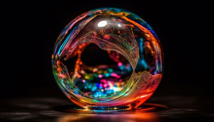 Vibrant colors illuminate abstract glass sphere on black backdrop generated by AI