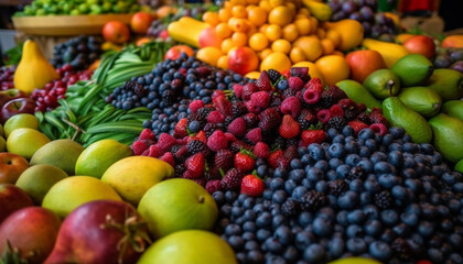 Naklejka na ściany i meble Abundance of juicy, ripe, multi colored berry fruit in nature supermarket generated by AI