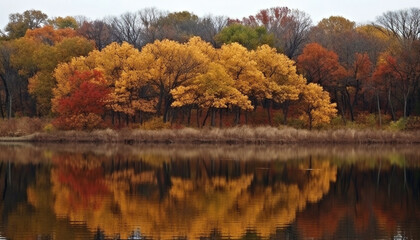 Vibrant autumn colors reflect in tranquil pond generated by AI