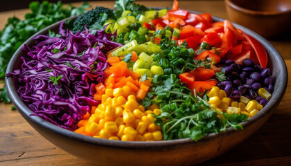 Fresh vegetable salad bowl with multi colored organic variation and freshness generated by AI - obrazy, fototapety, plakaty