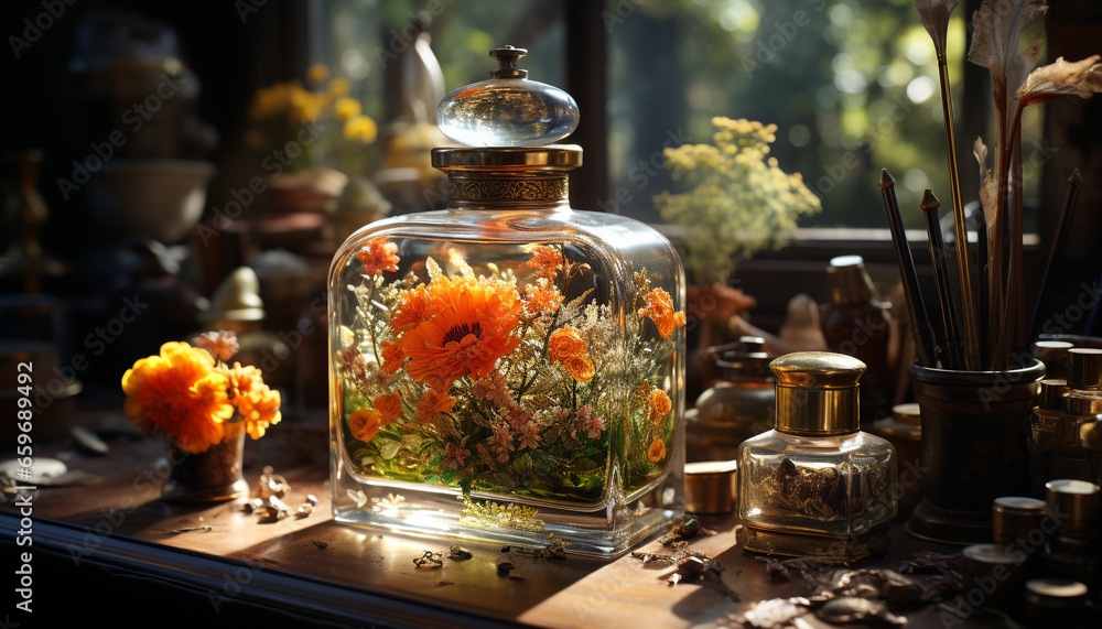 Canvas Prints Freshness and beauty in nature, a rustic bouquet on a wooden table generated by AI