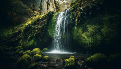 Tranquil scene of flowing water in forest generated by AI